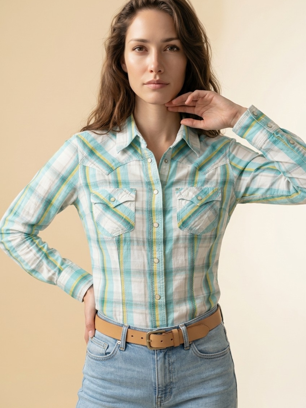 True Religion Mint and White Plaid Pearl Button-Down Western Shirt
